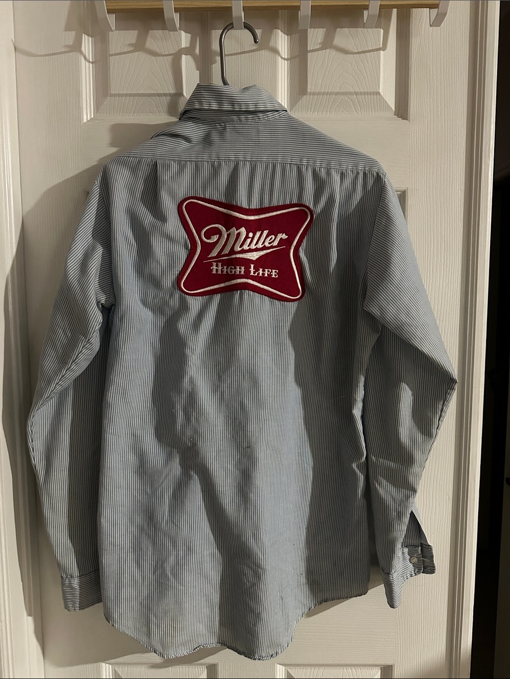 Miller Brewing Blue Striped Button-Up Shirt with logos
